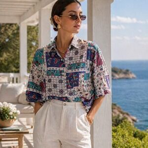 VTG 90s KZK Nautical Patchwork Shirt Blouse Sailboat Sz‎ L 22x26 Faded Cotton